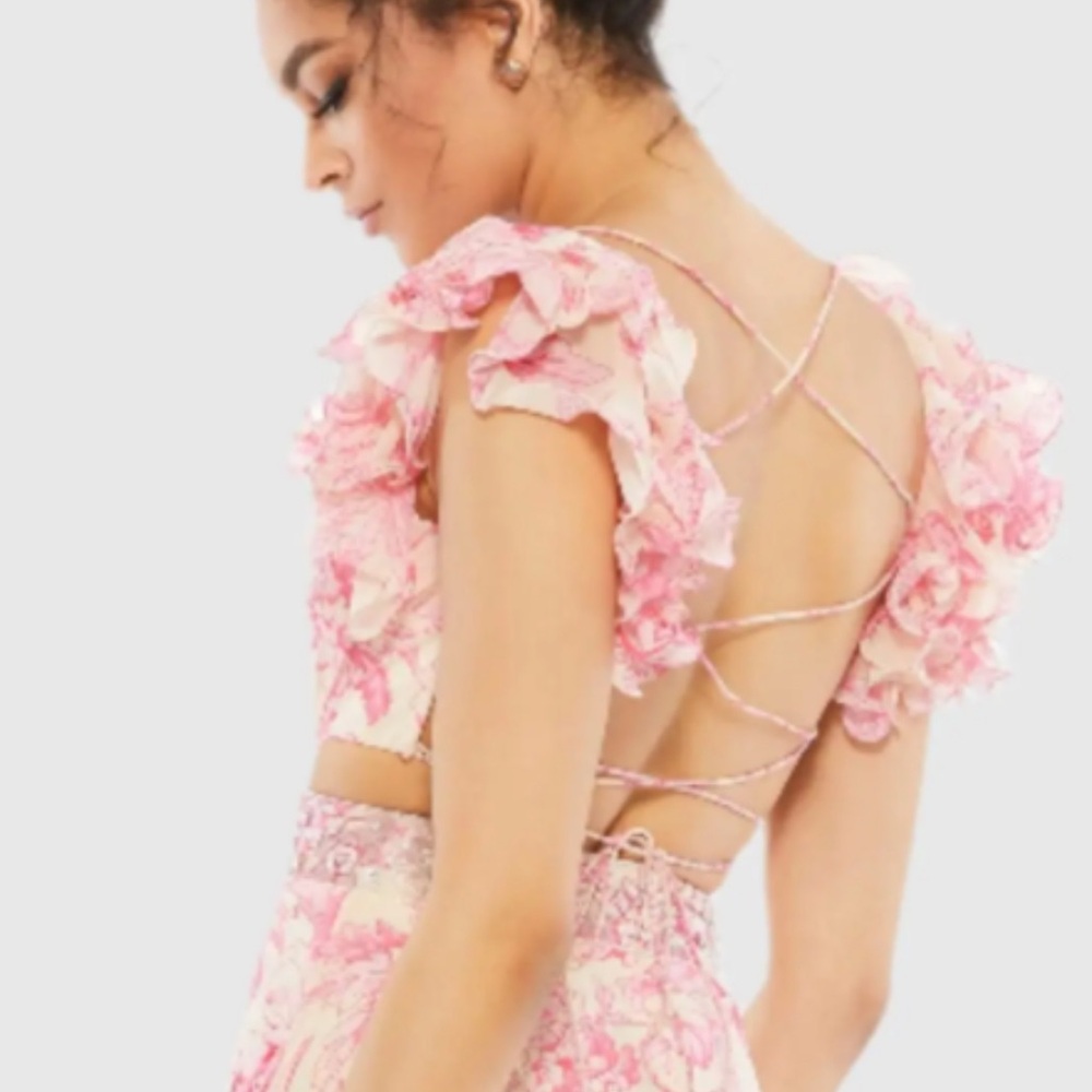Mac Duggal NWT 9161 Floral Print V-Neck Ruffled Strap Lace Up Back Gown SIZE 4